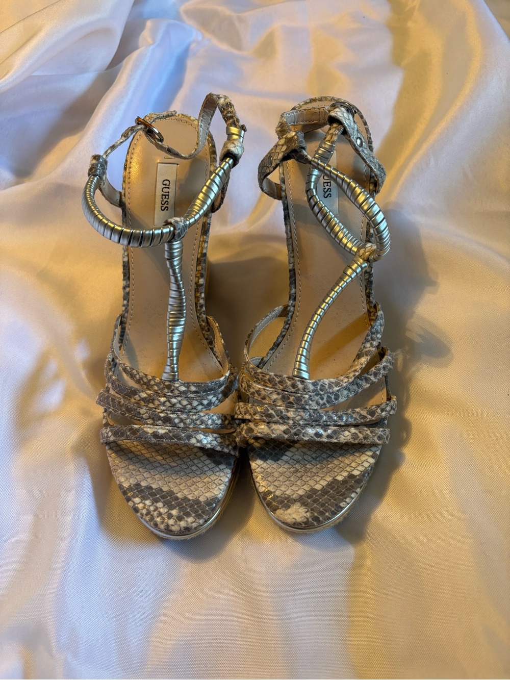 GUESS Taupe Snake-Print Strappy Heels with Metallic Coil Detail new without tags